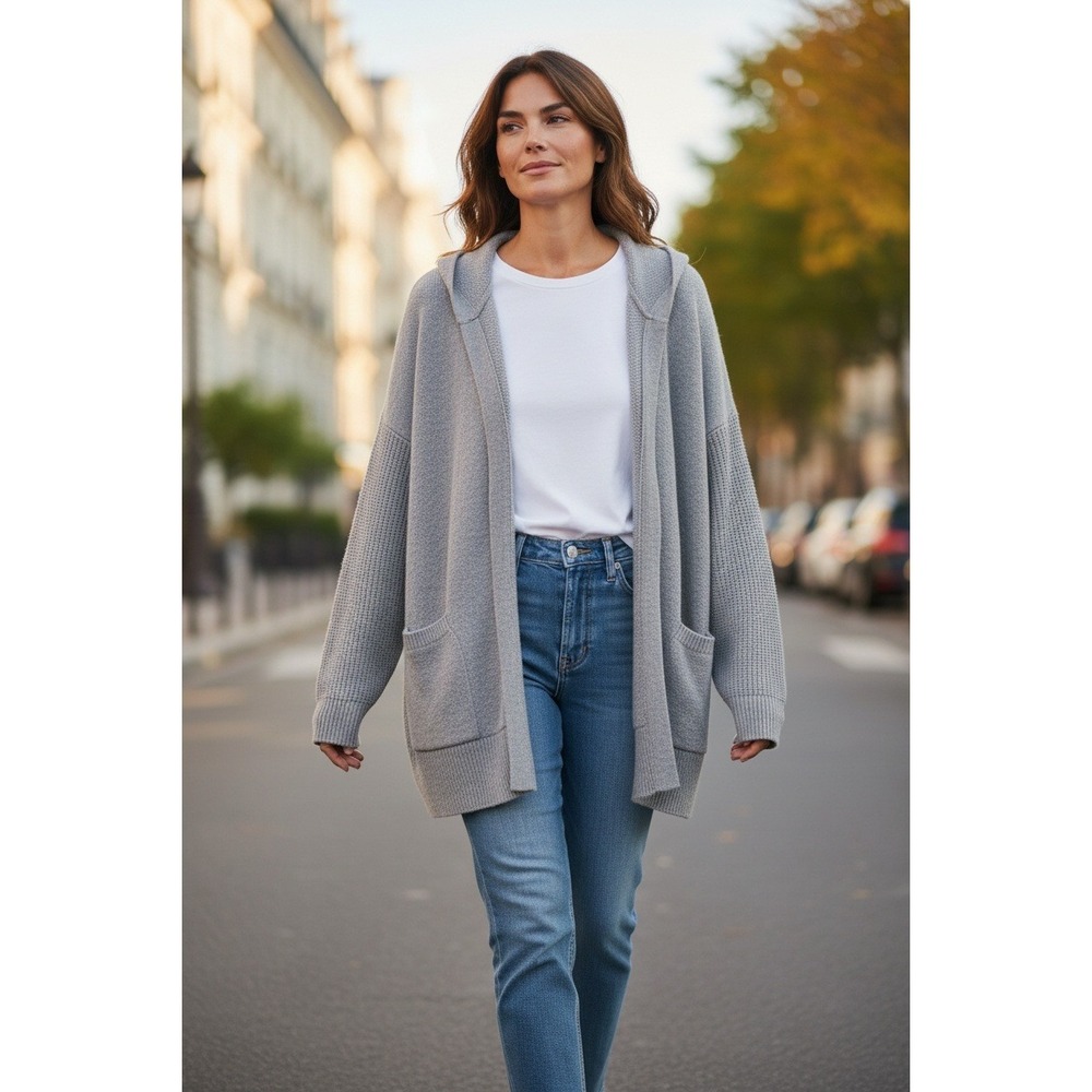 GAP Women Light Gray Knit Hooded Cardigan Sweater Pockets Size M
